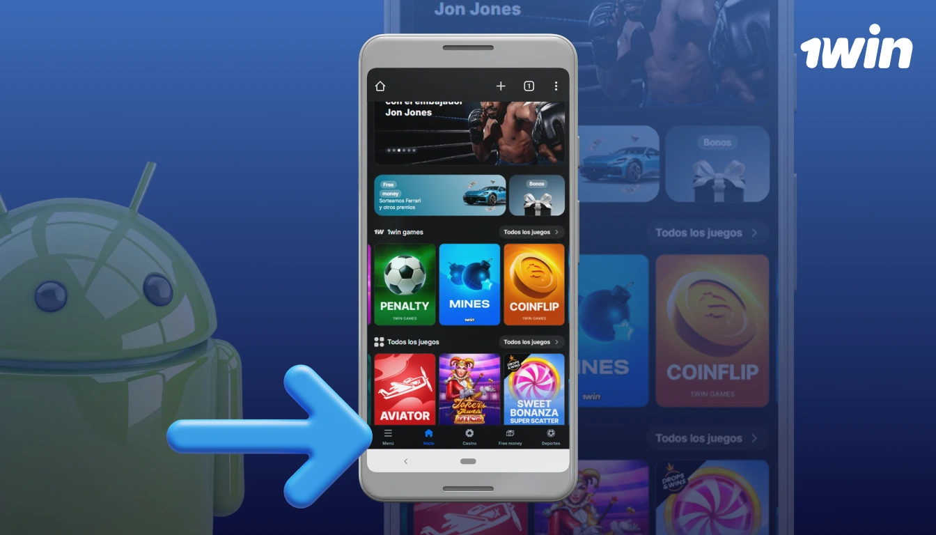 En 1win, presionan el ícono de menú en la parte inferior de la pantalla