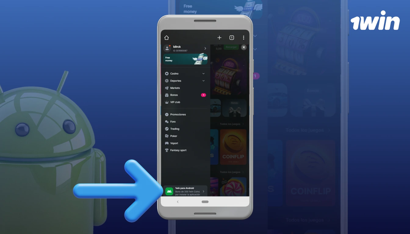Para descargar la app, accede a la sección "Aplicaciones móviles" en 1win