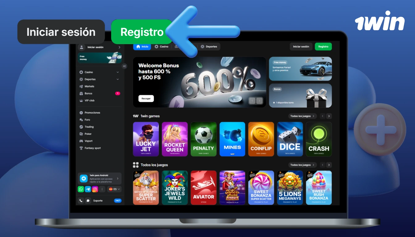 Puede comenzar el proceso de registro haciendo clic en el botón "Registrarse" en el sitio web de 1win