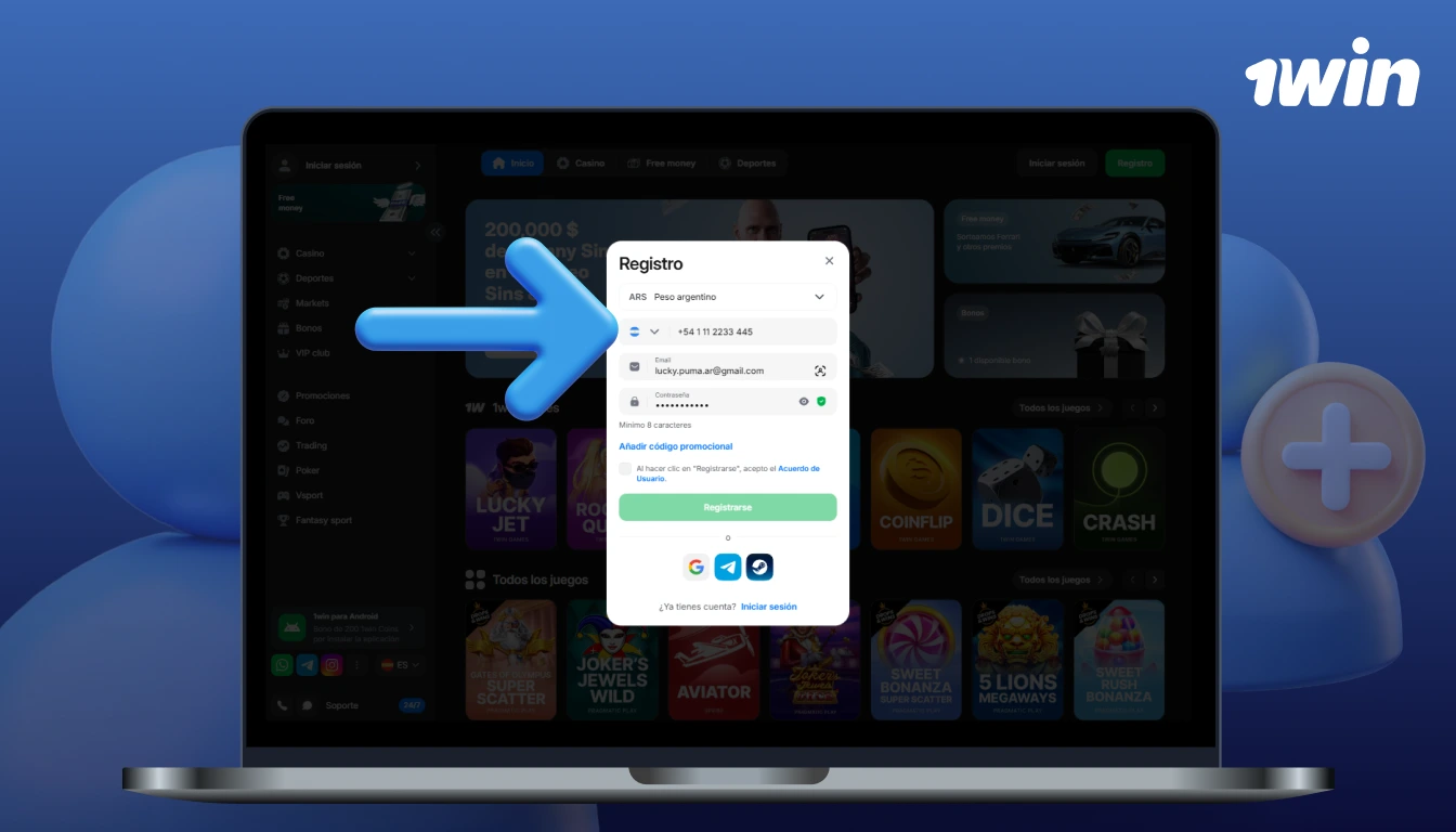 En el sitio web de 1win, los usuarios introducen sus datos de registro
